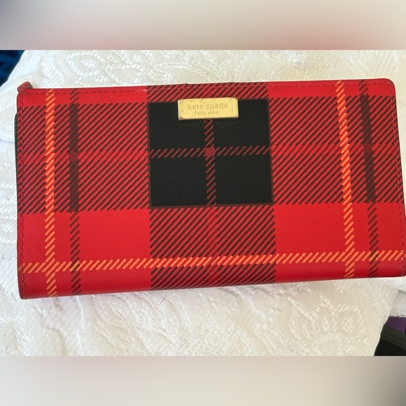 Kate Spade wallet snap-close bifold black red plaid - Picture 4 of 7